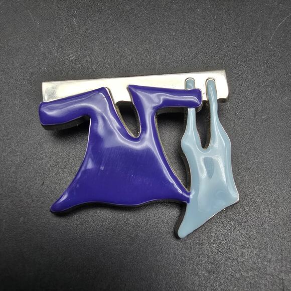 Purple Blue Clothes Line Brooch Enamel Silver Tone 1997 Vintage Jewelry - Picture 1 of 6